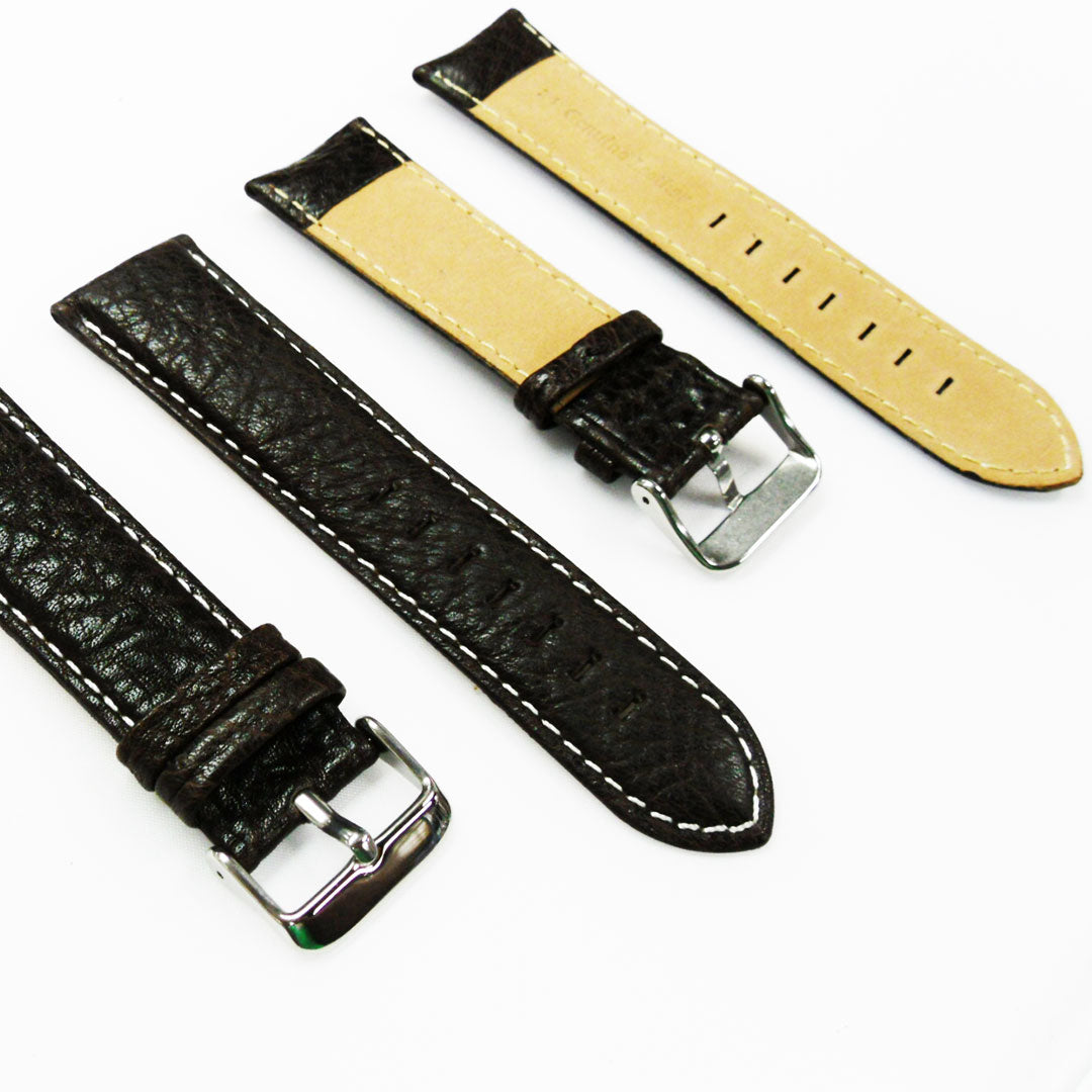 Leather Watch Band, 24MM and 26MM, Black with Grain, Padded, White and Black Stitched, Regular Size, Leather Strap Replacement, Silver Buckle