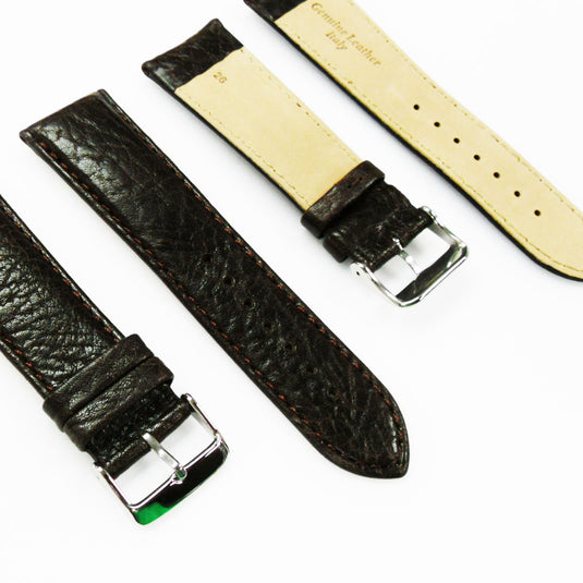 Leather Watch Band, 26MM, Dark Brown with Grain, Padded, Brown and White Stitched, Regular Size, Leather Strap Replacement, Silver Buckle