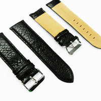 Leather Watch Band, 26MM, Black with Grain, Padded, Black and White Stitched, Regular Size, Leather Strap Replacement, Silver Buckle