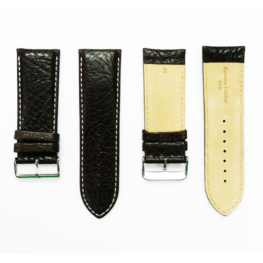 Leather Watch Band, 30MM, Dark Brown with Grain, Padded, Brown and White Stitched, Regular Size, Leather Strap Replacement, Silver Buckle