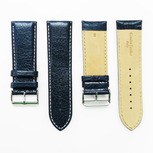 Leather Watch Band, 28MM, Royal Blue with Grain, Padded, White Stitched, Regular Size, Leather Strap Replacement, Silver Buckle