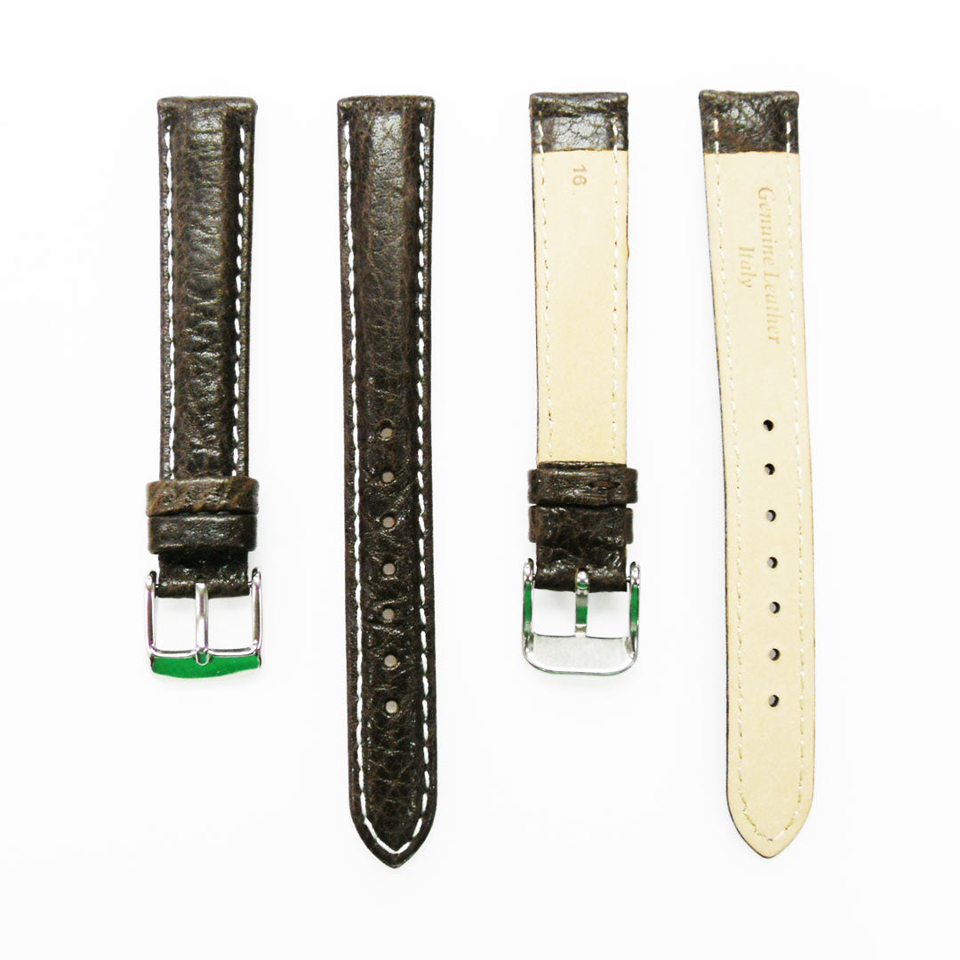 Leather Watch Band, 16MM, Dark Brown with Grain, Padded, White and Brown Stitched, Regular Size, Leather Strap Replacement, Silver Buckle