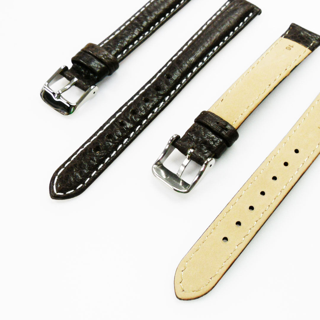 Leather Watch Band, 16MM, Dark Brown with Grain, Padded, White and Brown Stitched, Regular Size, Leather Strap Replacement, Silver Buckle