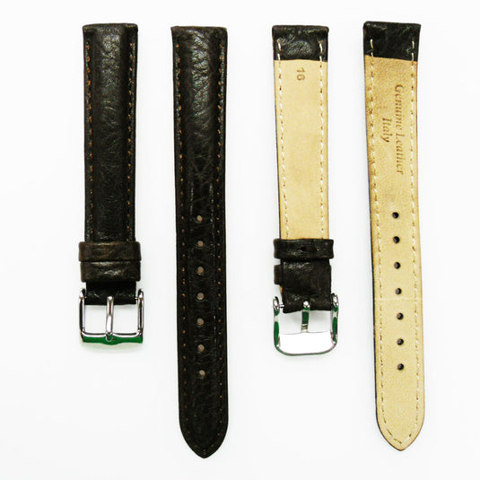 Leather Watch Band, 16MM, Dark Brown with Grain, Padded, White and Brown Stitched, Regular Size, Leather Strap Replacement, Silver Buckle