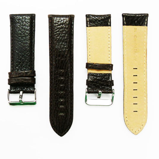 Leather Watch Band, 26MM, Dark Brown with Grain, Padded, Brown and White Stitched, Regular Size, Leather Strap Replacement, Silver Buckle