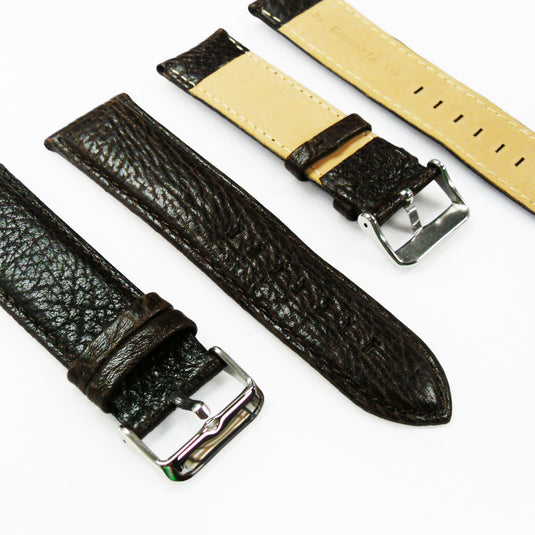 Leather Watch Band, 26MM, Dark Brown with Grain, Padded, Brown and White Stitched, Regular Size, Leather Strap Replacement, Silver Buckle