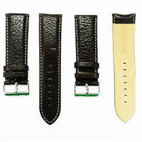 26MM Leather Watch Band Black with Grain Padded Black and White Stitched Regular Size Strap Replacement With Silver Buckle