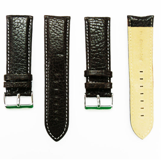 Leather Watch Band, 26MM, Dark Brown with Grain, Padded, Brown and White Stitched, Regular Size, Leather Strap Replacement, Silver Buckle