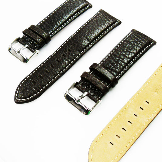 Leather Watch Band, 26MM, Dark Brown with Grain, Padded, Brown and White Stitched, Regular Size, Leather Strap Replacement, Silver Buckle