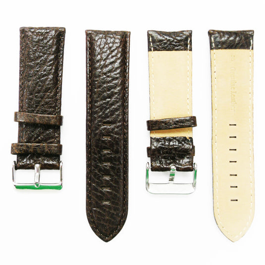 26MM Leather Watch Band Black with Grain Padded Black and White Stitched Regular Size Strap Replacement With Silver Buckle