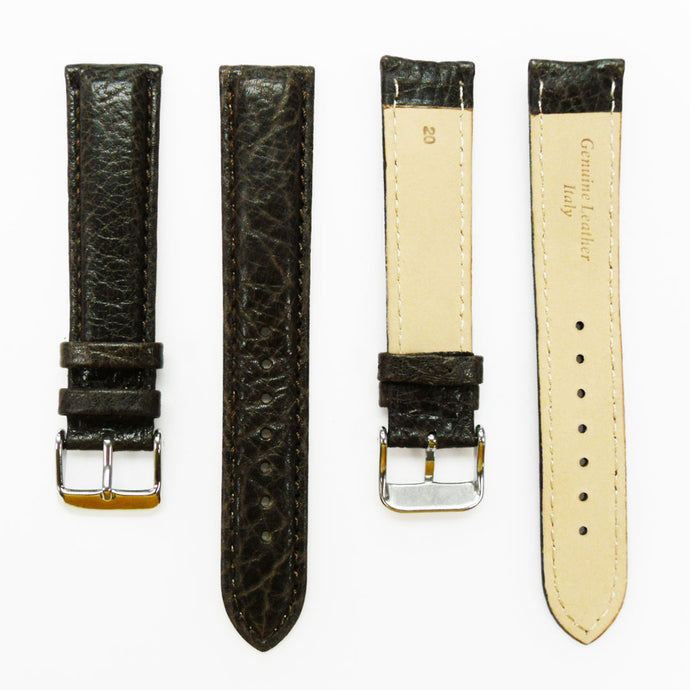 Leather Watch Band, 20MM, Brown with Grain, Padded, White and Brown Stitched, Regular Size, Leather Strap Replacement, Silver Buckle