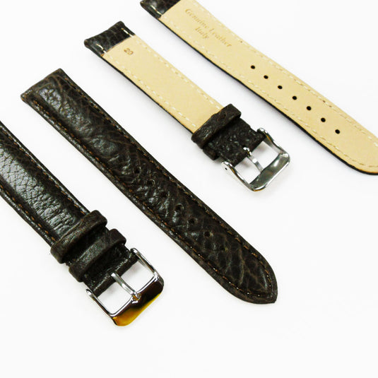 Leather Watch Band, 20MM, Brown with Grain, Padded, White and Brown Stitched, Regular Size, Leather Strap Replacement, Silver Buckle