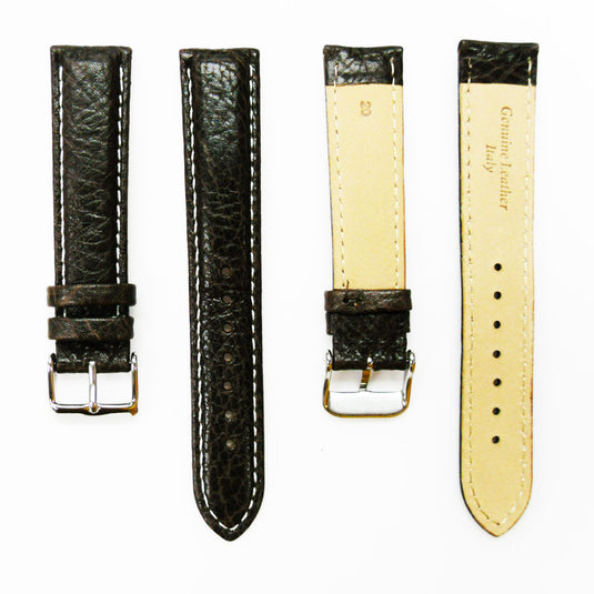 Leather Watch Band, 20MM, Brown with Grain, Padded, White and Brown Stitched, Regular Size, Leather Strap Replacement, Silver Buckle