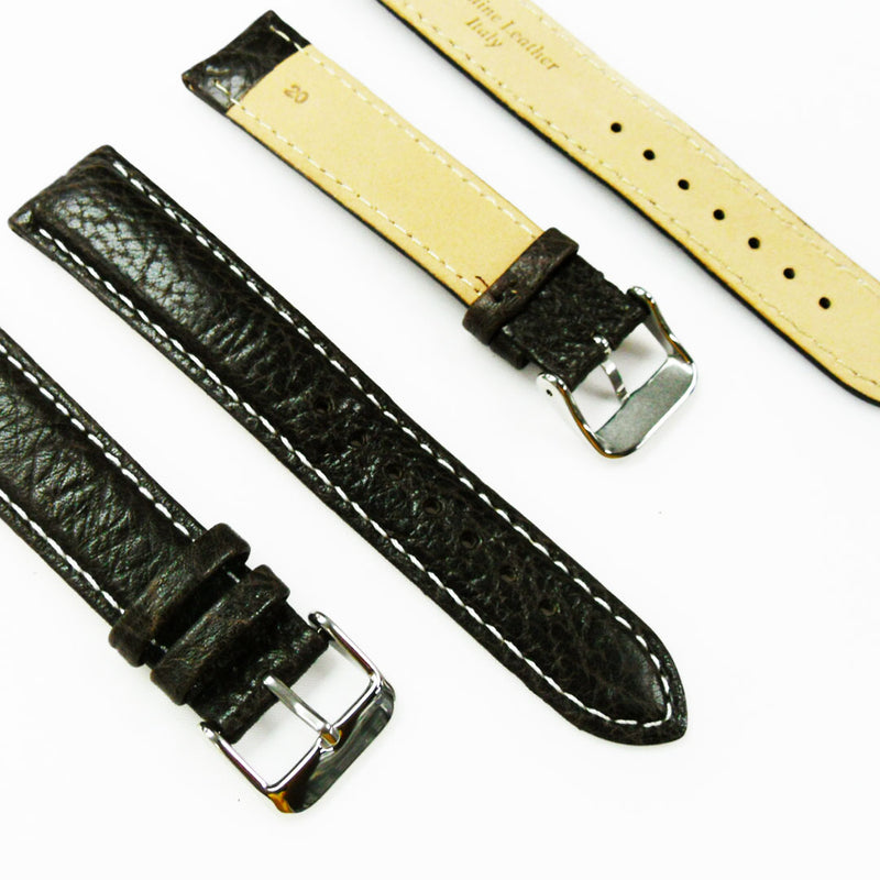 Load image into Gallery viewer, Leather Watch Band, 20MM, Brown with Grain, Padded, White and Brown Stitched, Regular Size, Leather Strap Replacement, Silver Buckle
