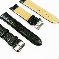 Leather Watch Band, 24MM and 26MM, Black with Grain, Padded, White and Black Stitched, Regular Size, Leather Strap Replacement, Silver Buckle