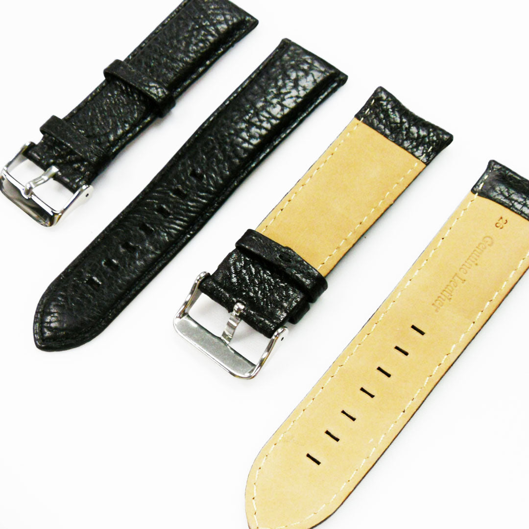 Leather Watch Band, 24MM and 26MM, Black with Grain, Padded, White and Black Stitched, Regular Size, Leather Strap Replacement, Silver Buckle