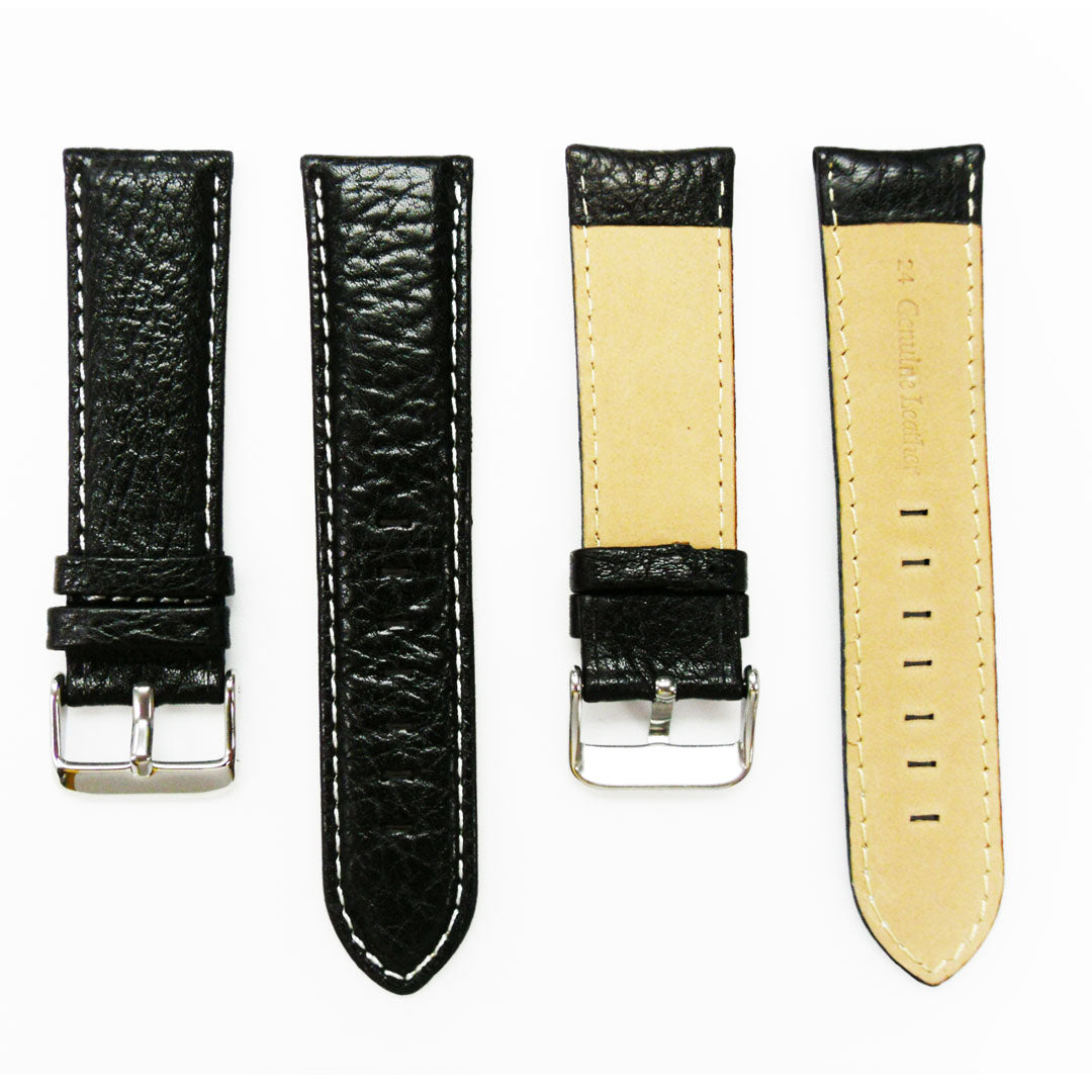 Leather Watch Band, 24MM and 26MM, Black with Grain, Padded, White and Black Stitched, Regular Size, Leather Strap Replacement, Silver Buckle