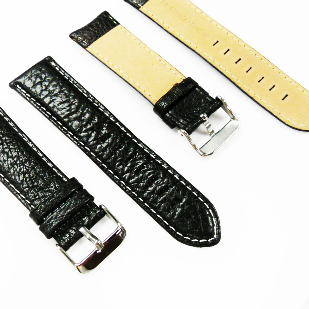 Leather Watch Band, 24MM and 26MM, Black with Grain, Padded, White and Black Stitched, Regular Size, Leather Strap Replacement, Silver Buckle