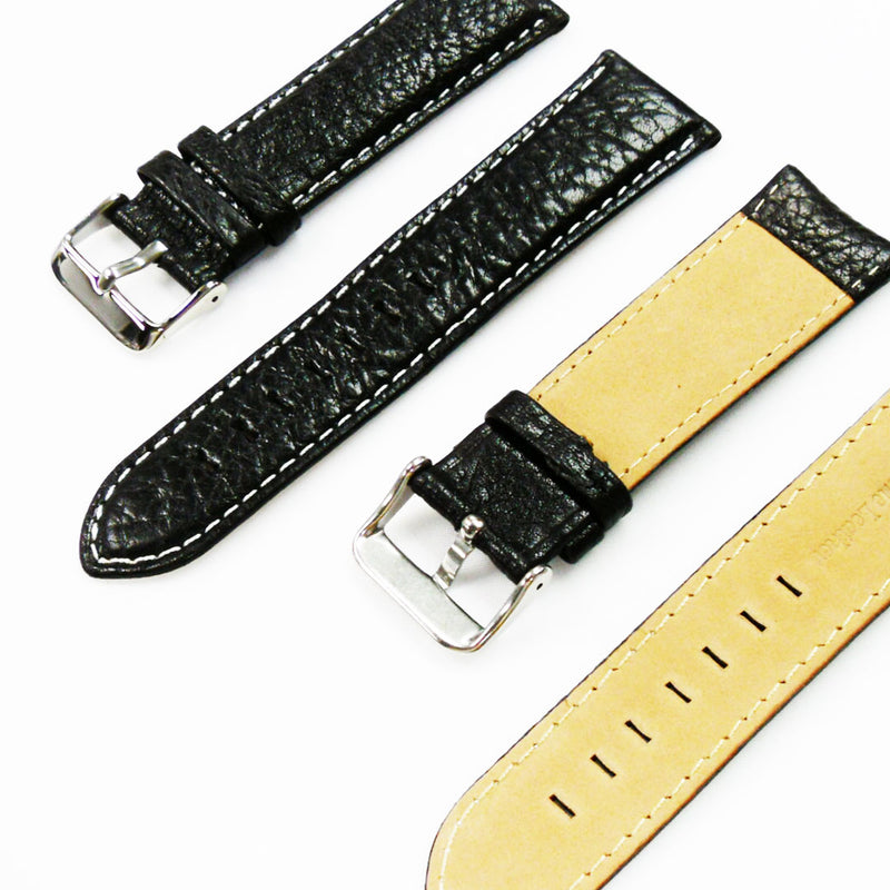 Load image into Gallery viewer, Leather Watch Band, 24MM and 26MM, Black with Grain, Padded, White and Black Stitched, Regular Size, Leather Strap Replacement, Silver Buckle
