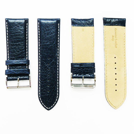 Leather Watch Band, 30MM, Royal Blue with Grain, Padded, Blue and White Stitched, Regular Size, Leather Strap Replacement, Silver Buckle