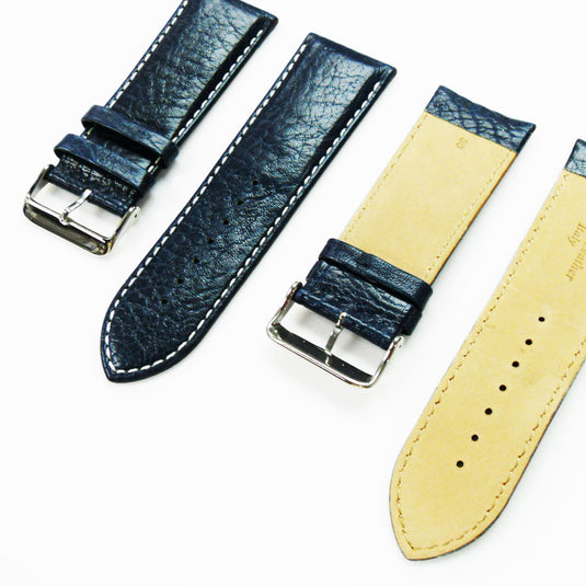 Leather Watch Band, 30MM, Royal Blue with Grain, Padded, Blue and White Stitched, Regular Size, Leather Strap Replacement, Silver Buckle