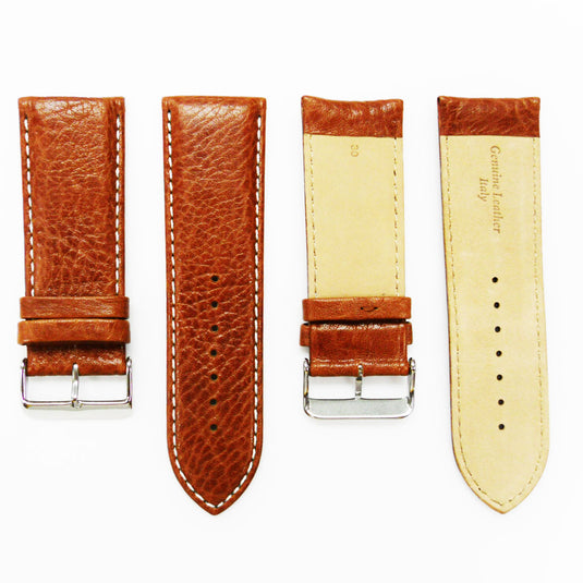 Leather Watch Band, 28MM, Light Brown with Grain, Padded, White Stitched, Regular Size, Leather Strap Replacement, Silver Buckle