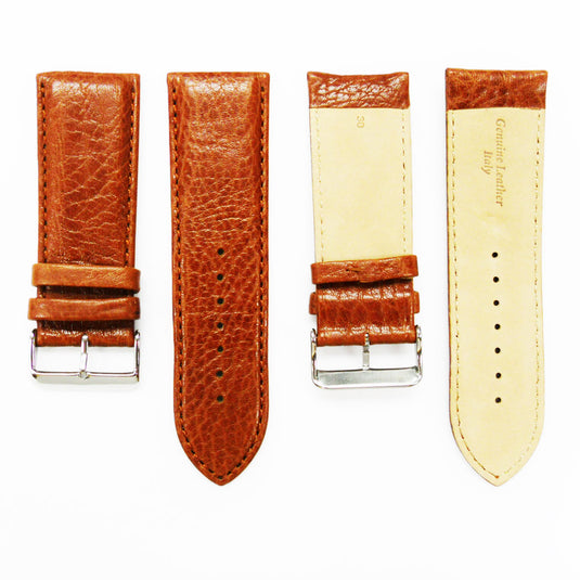 Leather Watch Band, 28MM, Light Brown with Grain, Padded, White Stitched, Regular Size, Leather Strap Replacement, Silver Buckle