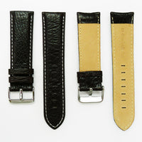 Leather Watch Band, 24MM and 26MM, Black with Grain, Padded, White and Black Stitched, Regular Size, Leather Strap Replacement, Silver Buckle