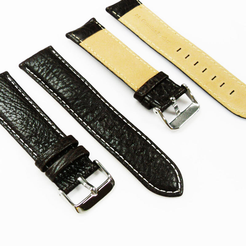 Load image into Gallery viewer, Leather Watch Band, 24MM, Dark Brown with Grain, Padded, Brown and White Stitched, Regular Size, Leather Strap Replacement, Silver Buckle
