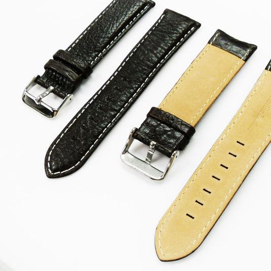 Leather Watch Band, 24MM, Dark Brown with Grain, Padded, Brown and White Stitched, Regular Size, Leather Strap Replacement, Silver Buckle