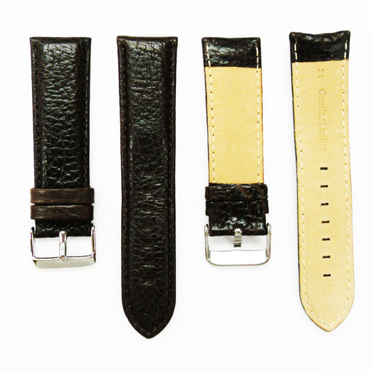 Leather Watch Band, 24MM and 26MM, Black with Grain, Padded, White and Black Stitched, Regular Size, Leather Strap Replacement, Silver Buckle