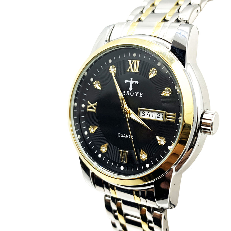 Load image into Gallery viewer, Luxury Black Dial Day and Date Men&#39;s Stainless Steel Two Tone Dress Watch
