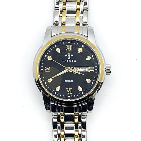 Luxury Black Dial Day and Date Men's Stainless Steel Two Tone Dress Watch