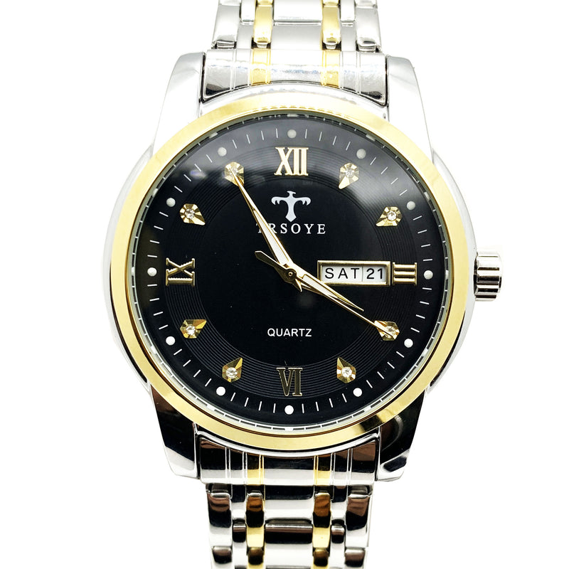 Load image into Gallery viewer, Luxury Black Dial Day and Date Men&#39;s Stainless Steel Two Tone Dress Watch
