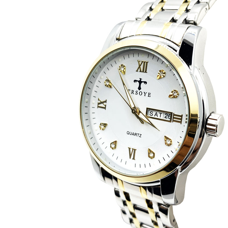 Load image into Gallery viewer, Luxury White Dial Day and Date Men&#39;s Stainless Steel Two Tone Dress Watch
