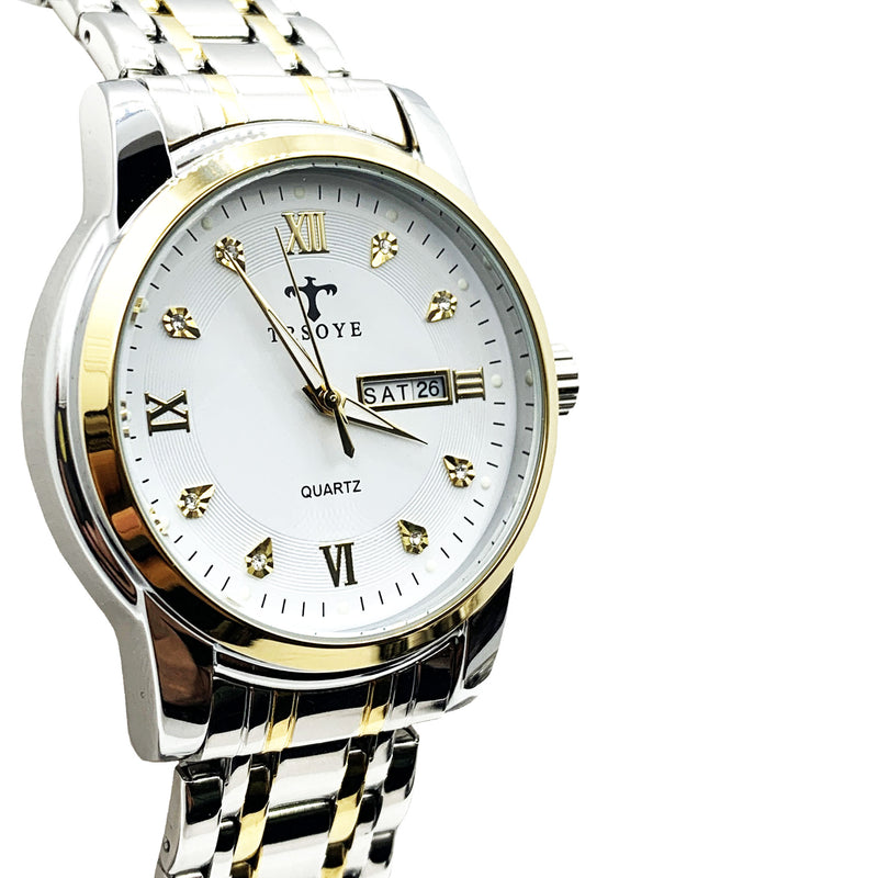 Load image into Gallery viewer, Luxury White Dial Day and Date Men&#39;s Stainless Steel Two Tone Dress Watch
