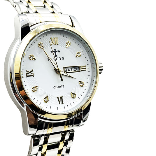 Luxury White Dial Day and Date Men's Stainless Steel Two Tone Dress Watch