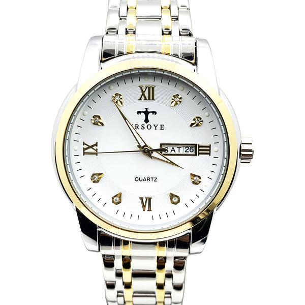 Luxury White Dial Day and Date Men's Stainless Steel Two Tone Dress Watch